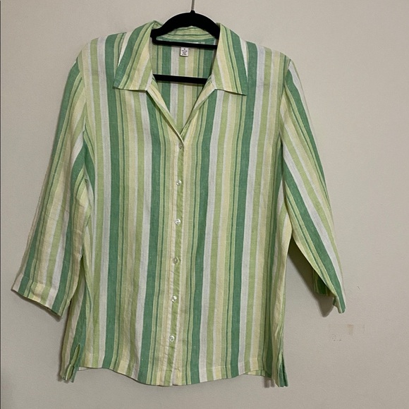 Coldwater Creek shirt blouse women 16 Green Leaf striped linen bundle of 2 fall - Picture 2 of 14